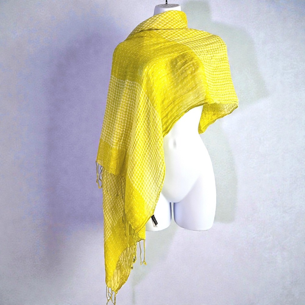 Preppy Coastal Scarf Talbots Yellow White Linen/Cotton Gingham Polka Dot Light